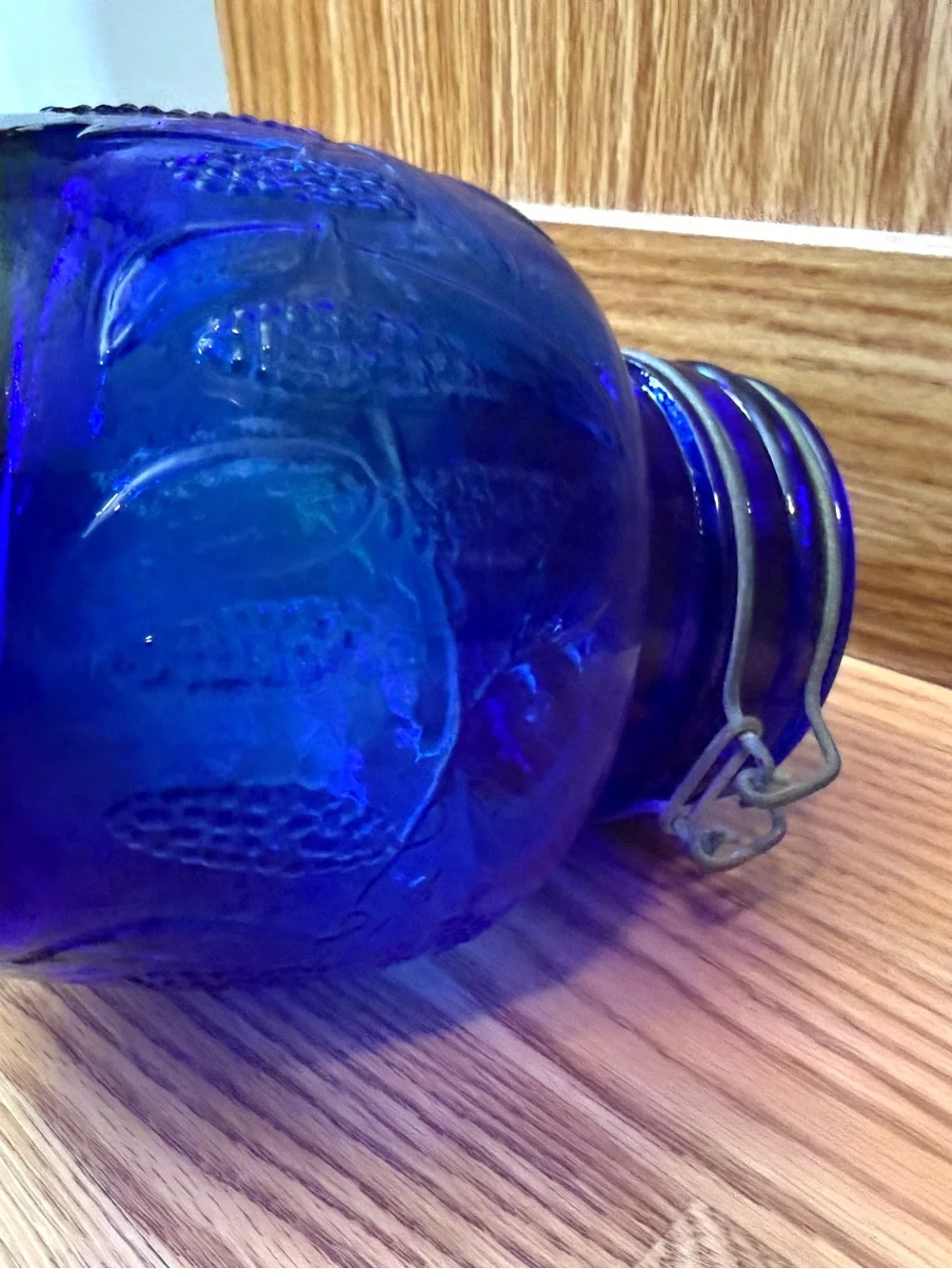 Vintage Italian Cobalt Blue Glass Canister, Embossed Grapevine Jar, Swing lid